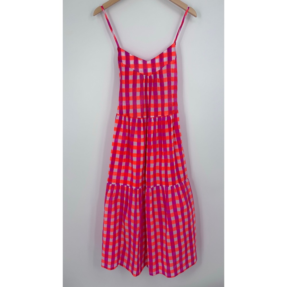 SZ Blockprints Kitty Gingham Tiered Cotton Maxi Dress Womens Medium Pink Orange